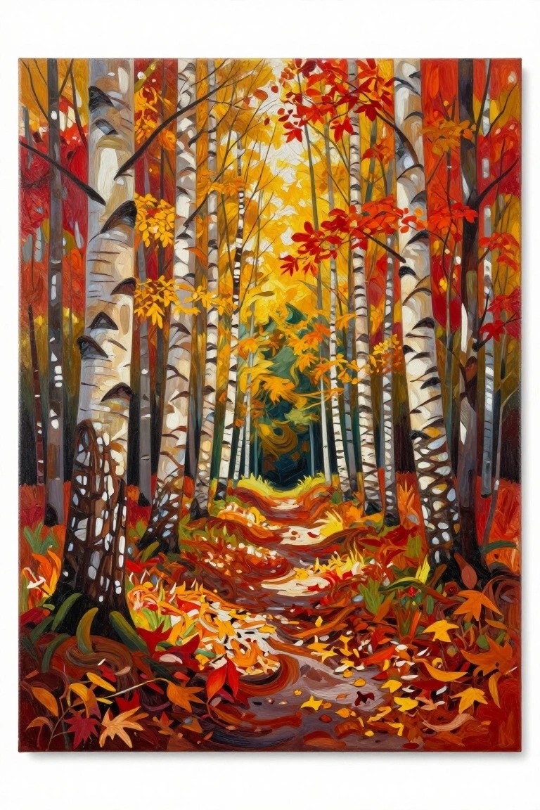A colorful painting of a path winding through a forest of birch trees with red, orange, and yellow autumn leaves on the ground and trees.