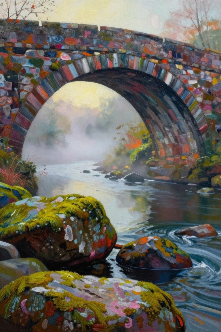 Colorful mosaic stone bridge arches over misty river with vibrant mossy rocks.