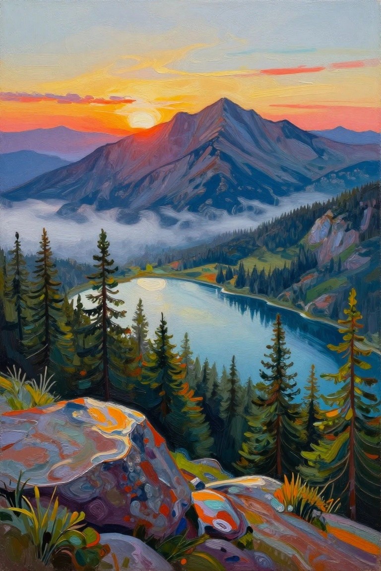 Vibrant sunset painting of mountain lake, pine forest, and colorful rocky foreground