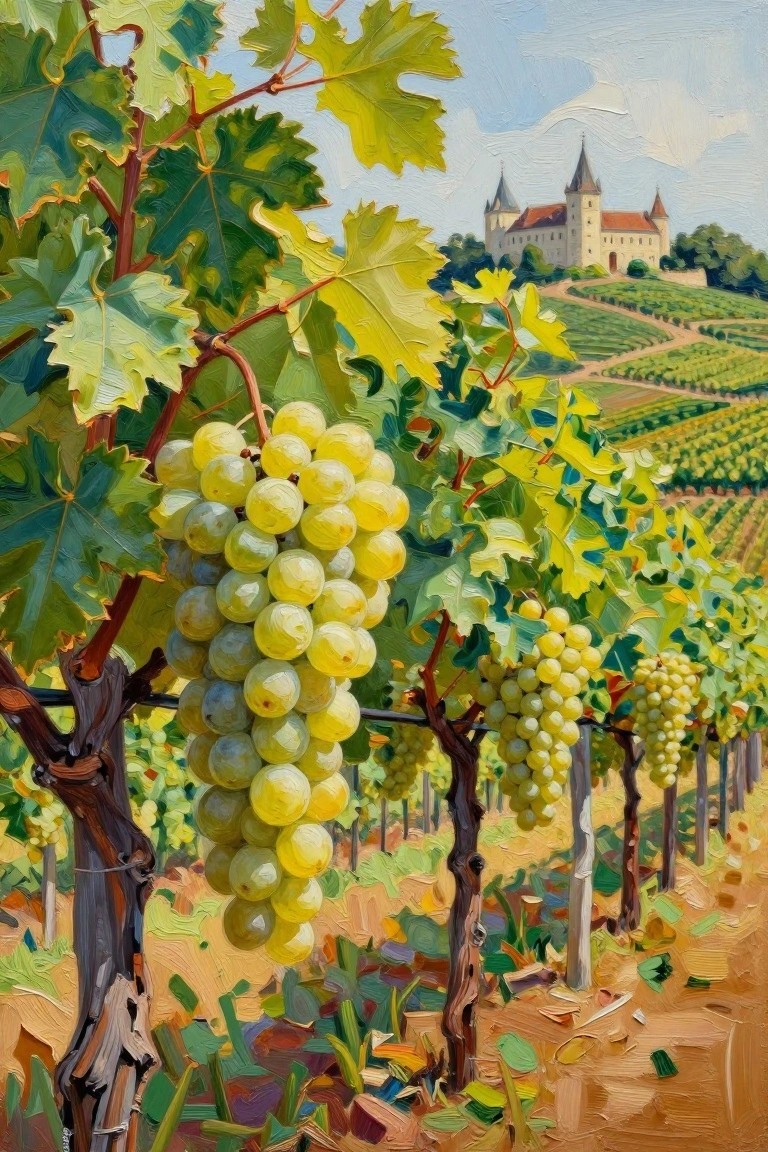 Lush grapevines heavy with green grapes lead to a hilltop castle