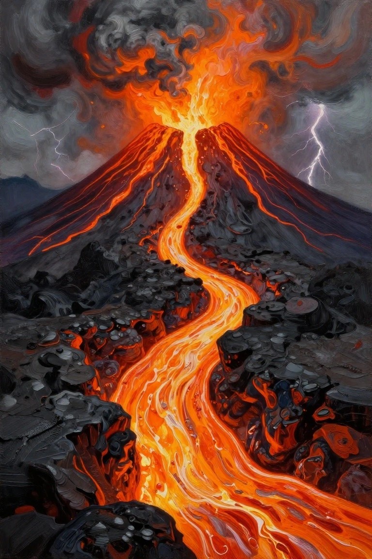 Volcano erupting with bright orange lava flowing down dark rocky slopes under stormy skies with lightning.