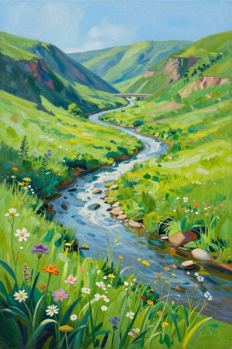 Winding river curves through lush green hills with colorful wildflowers and distant bridge.