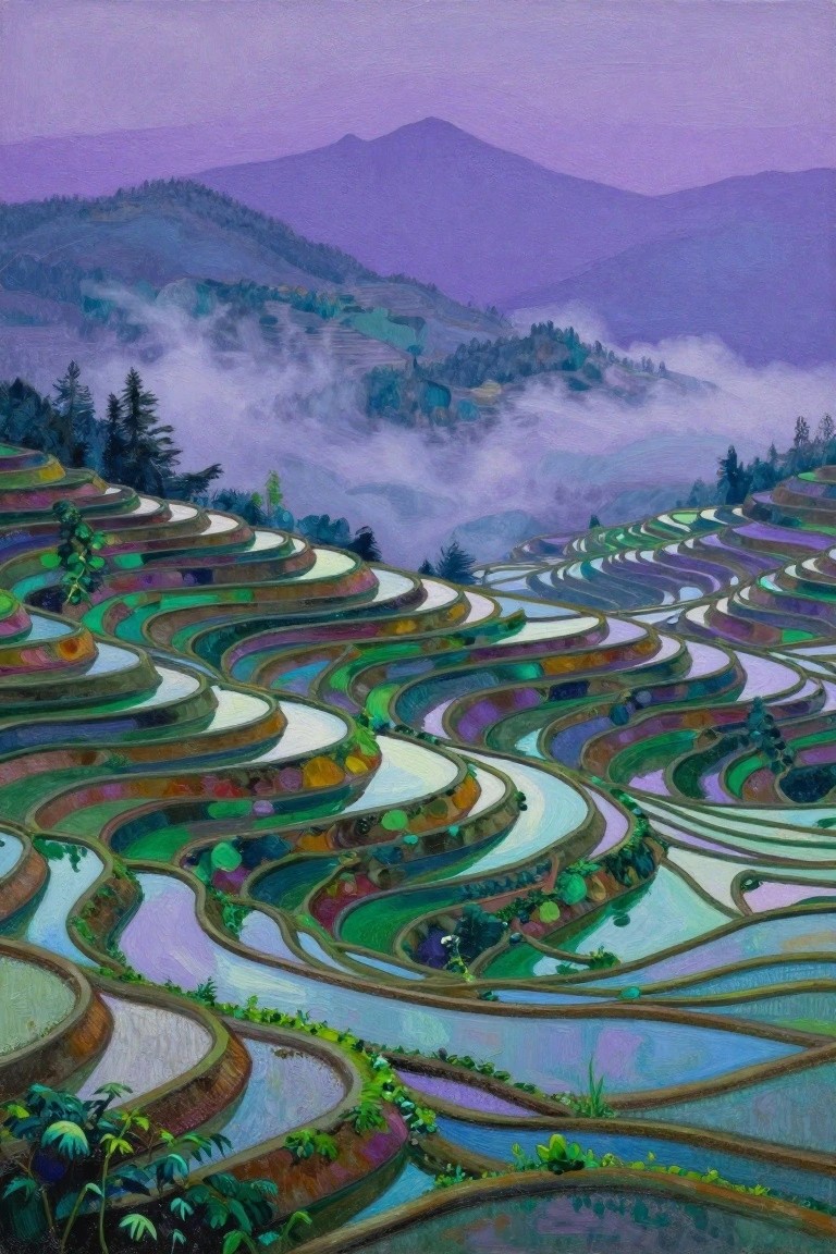 Vibrant terraced rice paddies curve through misty purple mountain valleys.