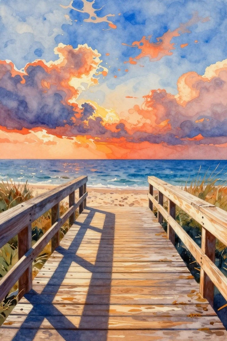Watercolor of wooden boardwalk to ocean beach under vibrant orange-blue sunset clouds