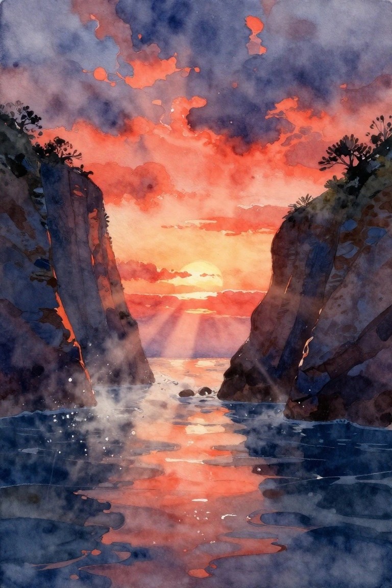 Vibrant watercolor sunset between rocky cliffs over reflective waters with orange skies.