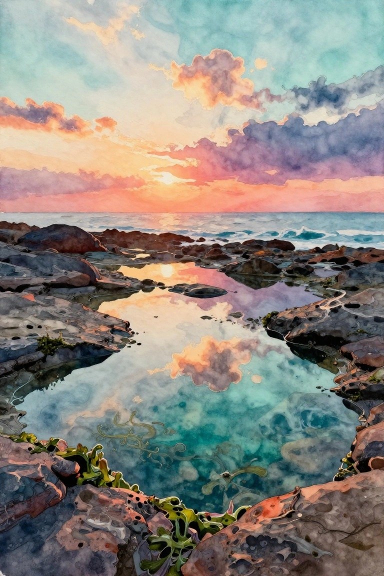 Vibrant watercolor seascape of rocky shoreline with reflective tide pools at sunset