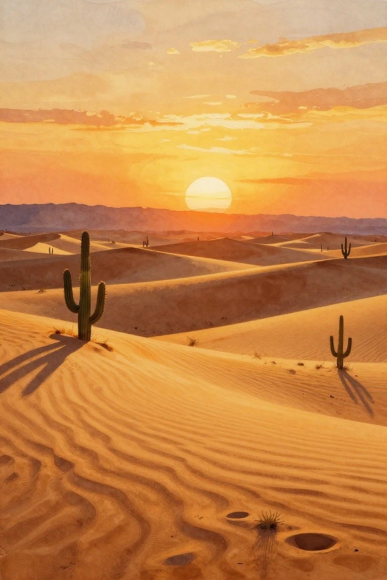 Watercolor of desert dunes with saguaro cacti under glowing orange sunset sky