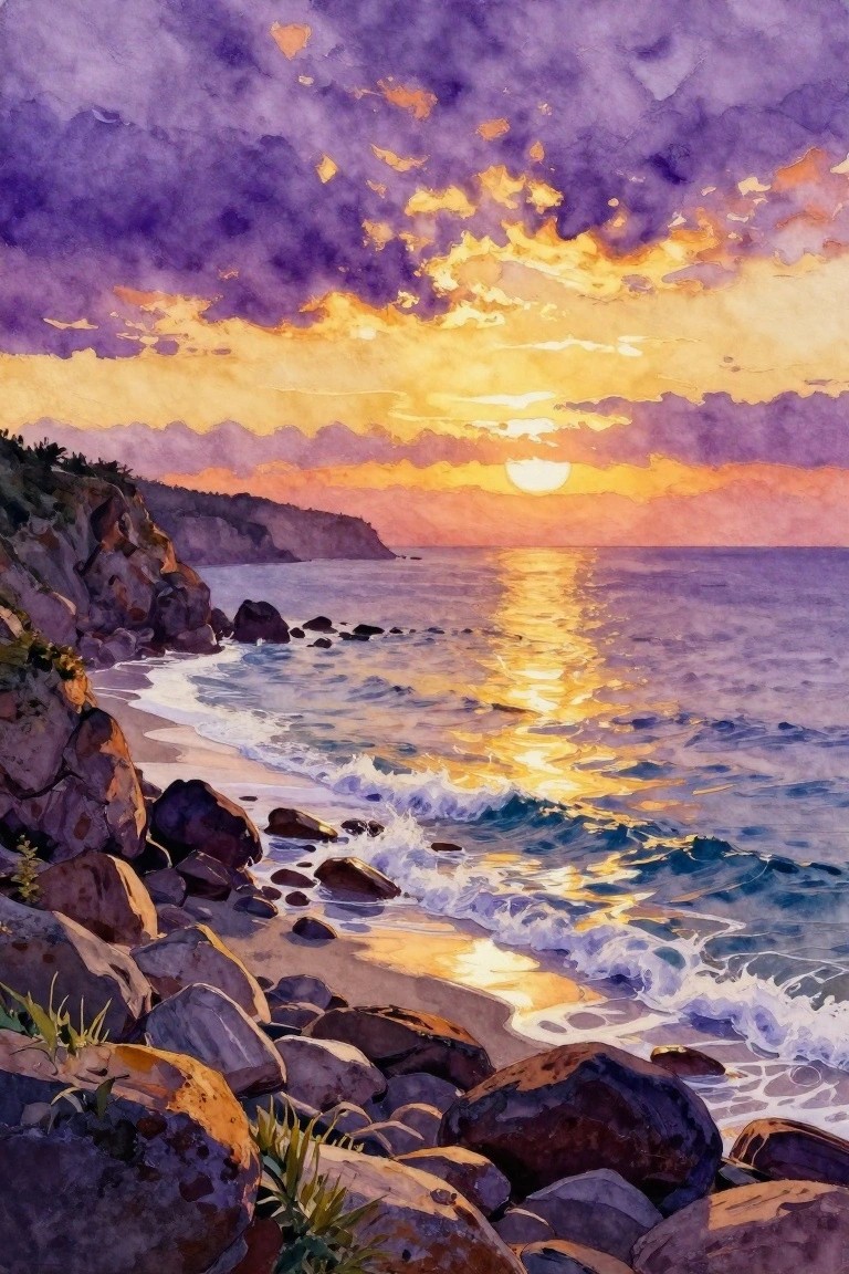 A watercolor painting of a sunset over the ocean with purple and orange clouds, the sun low on the horizon reflecting on the water, rocky cliffs on the left, and waves breaking on rocks in the foreground.