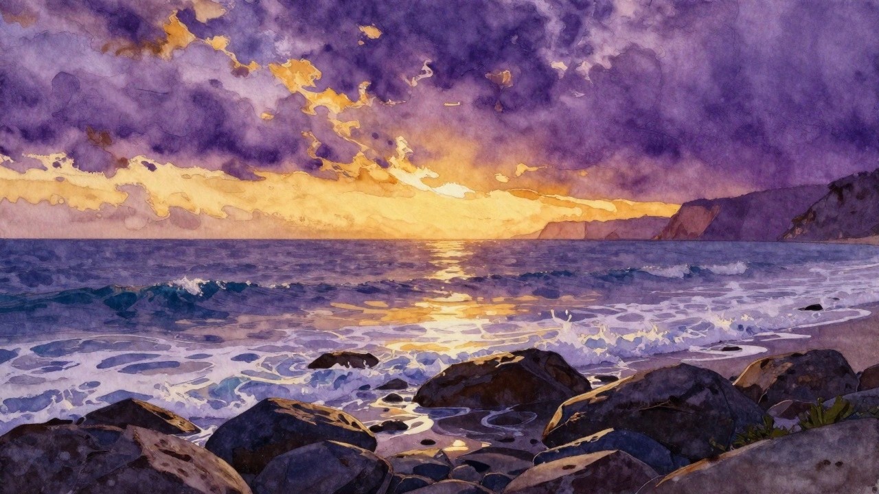 A watercolor painting of a sunset over the ocean with purple and orange clouds, the sun low on the horizon reflecting on the water, rocky cliffs on the left, and waves breaking on rocks in the foreground.