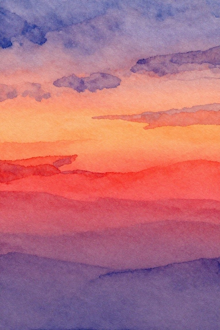 Watercolor sunset sky with blended orange, red, purple layers and soft clouds.