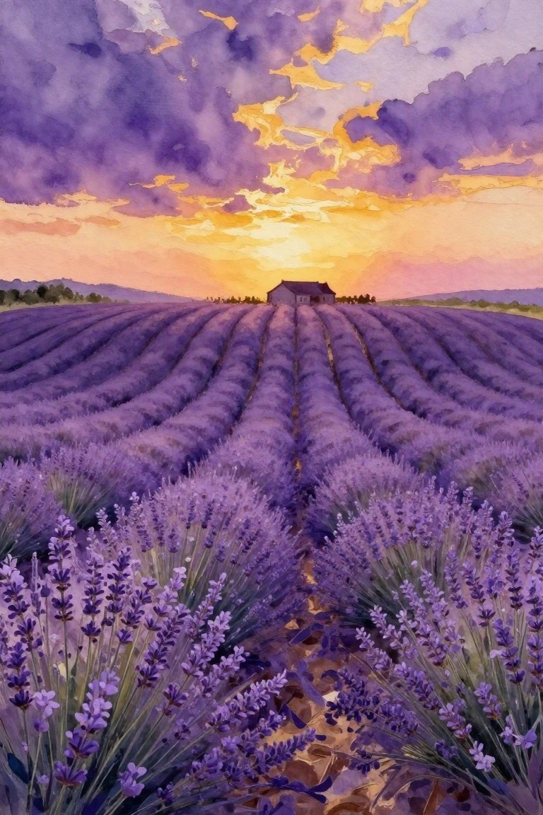 Watercolor of lavender rows leading to a house under dramatic purple-orange sunset sky