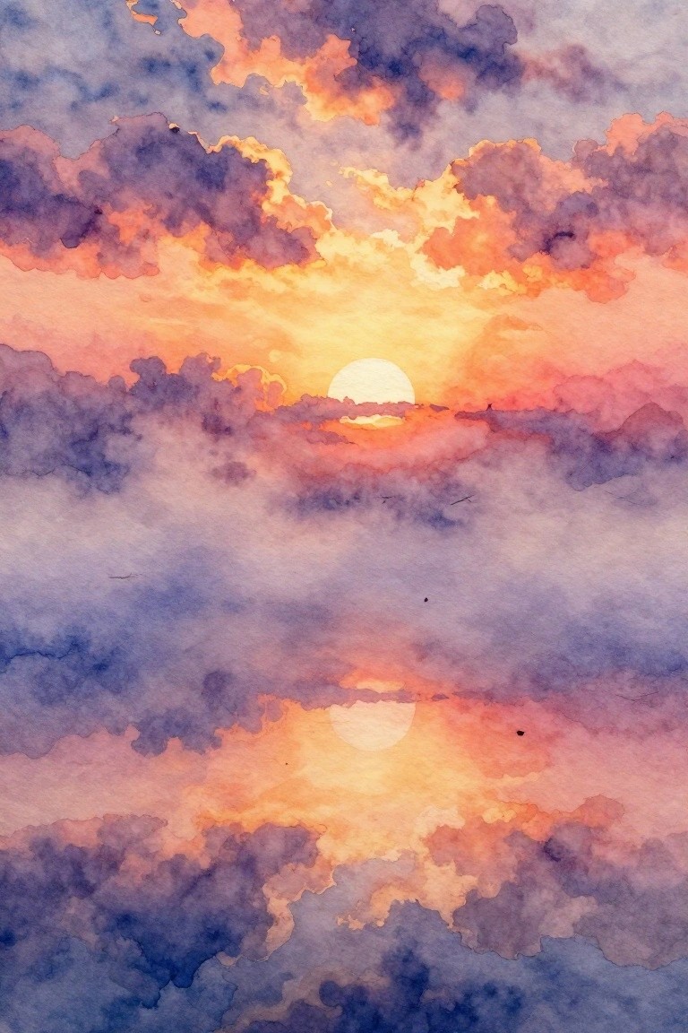 Watercolor sunset with glowing sun amid vibrant purple, orange, and pink clouds and reflection.
