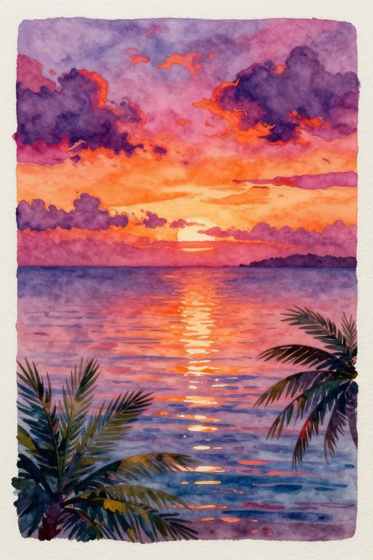 Watercolor sunset over ocean with vibrant orange-purple clouds, glowing reflections, and silhouetted palm trees.
