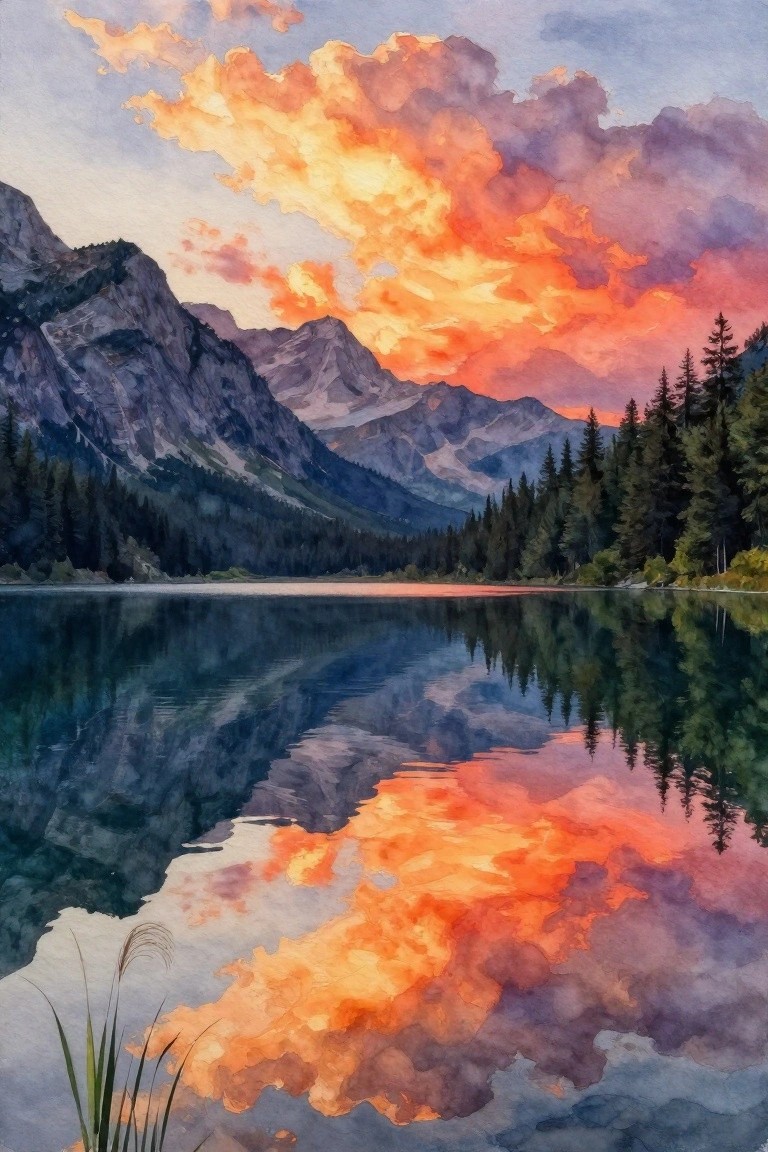 Watercolor landscape of mountains reflected in a lake under vibrant orange sunset clouds