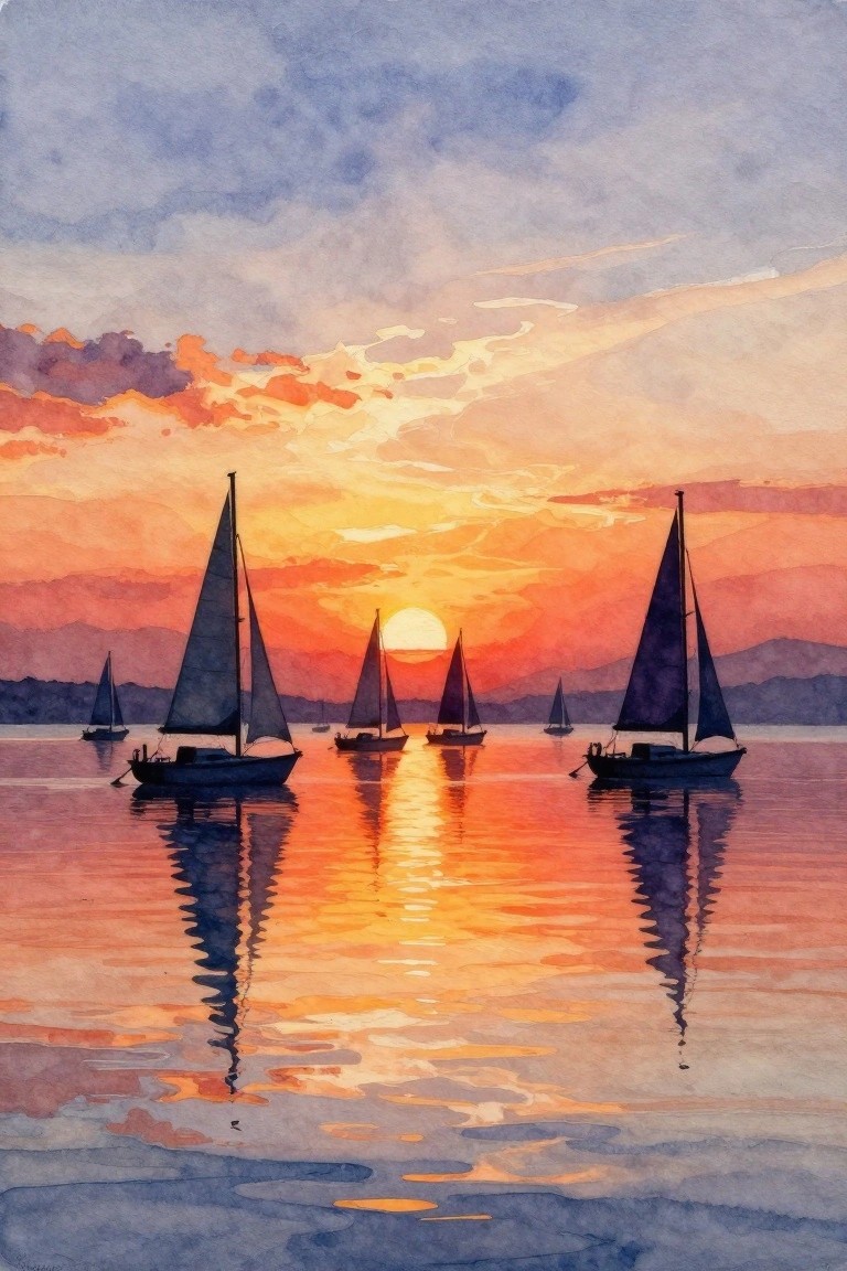 Sailboats with reflections on calm water under vibrant orange-purple sunset sky