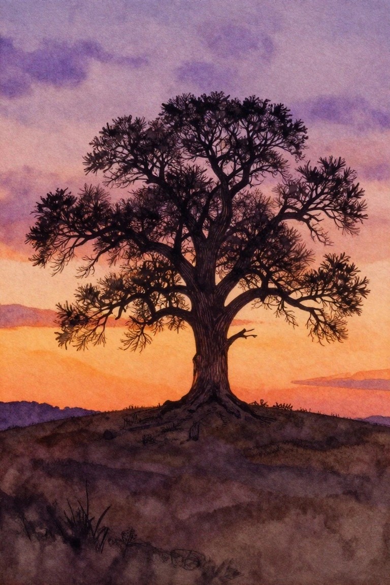 A watercolor painting of a large dark tree silhouette with spreading branches against an orange and purple sunset sky over hills.