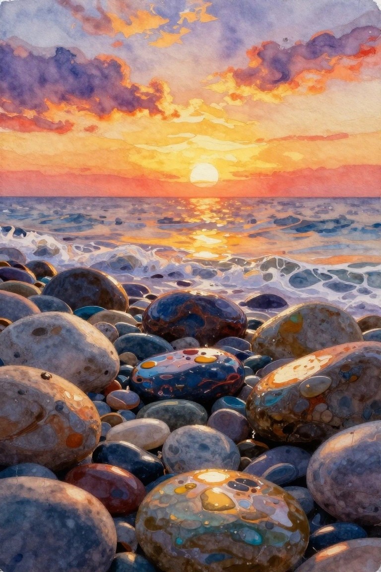 Watercolor sunset over ocean with colorful glossy pebbles on shore