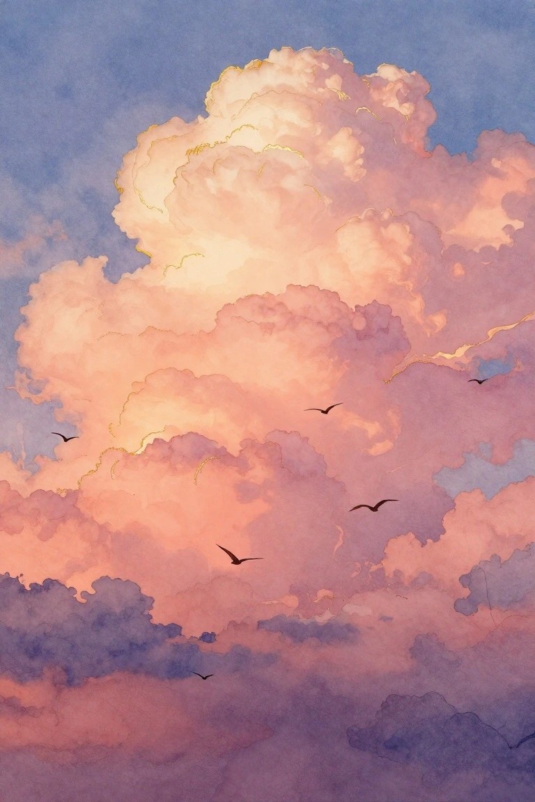 Watercolor painting of large pink and orange clouds with gold edges against a blue sky, with several small black birds flying at different heights.
