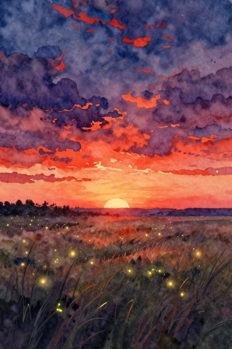 Watercolor sunset over grassy field with glowing fireflies under orange-purple clouds.