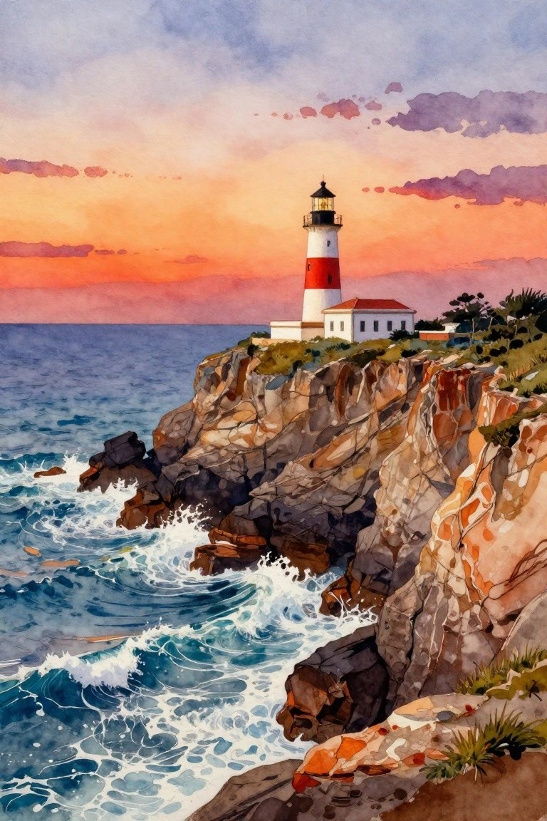 Watercolor of red-striped lighthouse on rocky cliffs with waves crashing at sunset