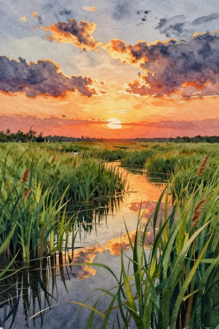 Watercolor sunset over marsh with tall green reeds, reflective stream, and orange-purple clouds