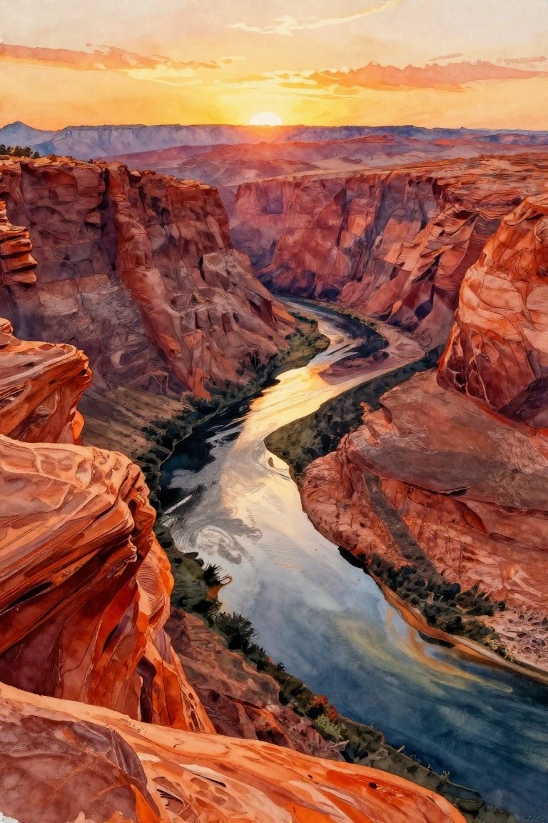Watercolor of winding river through steep red canyon cliffs at sunset.
