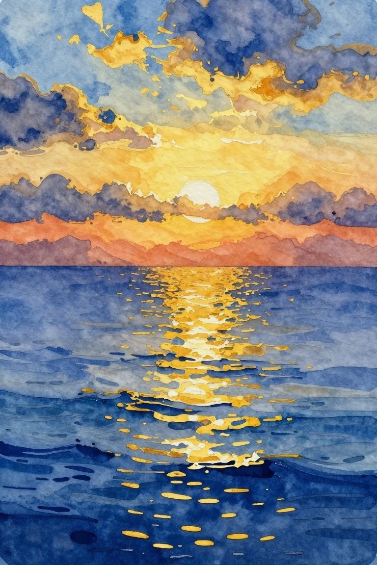 Watercolor sunset over ocean with golden sun reflection amid blue and orange clouds