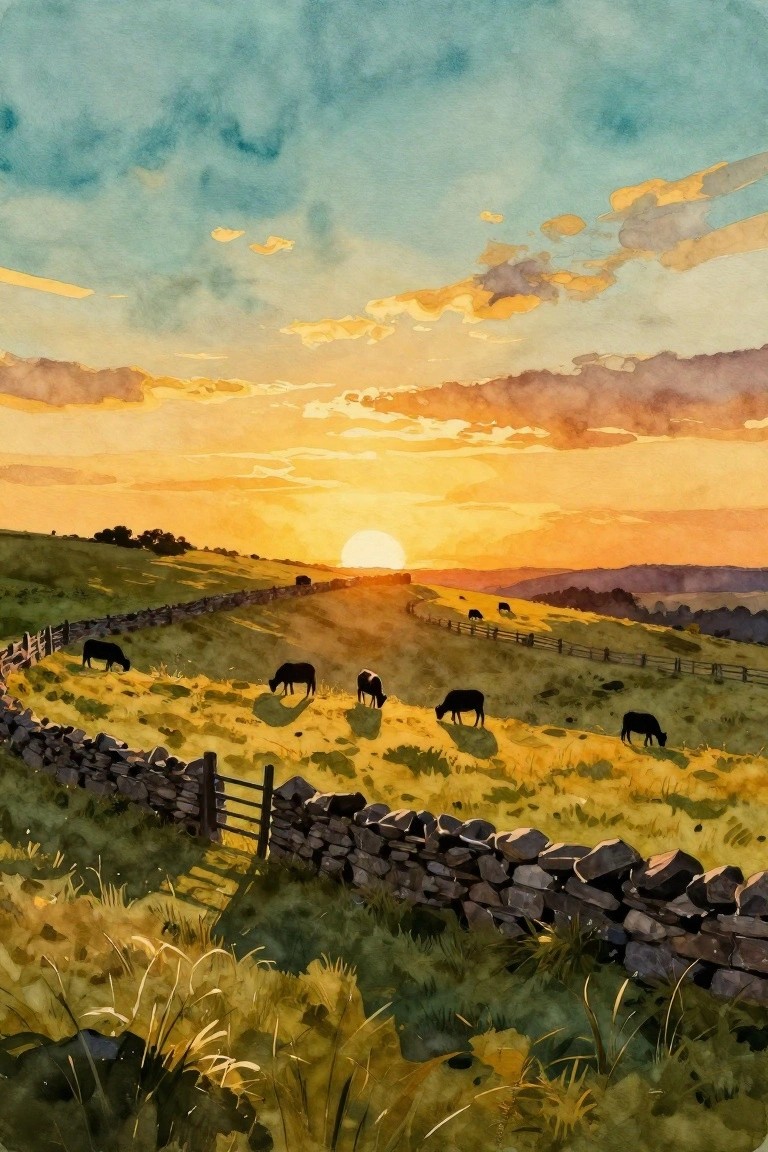 Watercolor sunset over rolling hills with grazing cows and stone walls