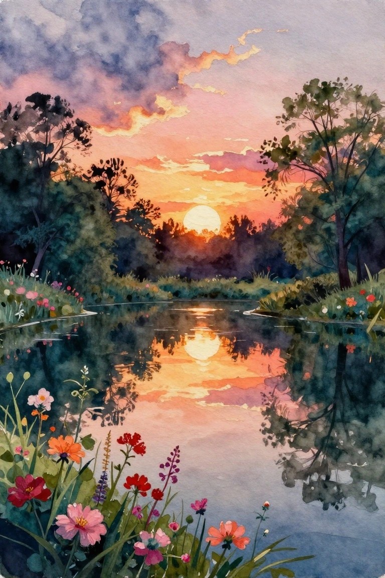 Watercolor sunset reflecting in a pond amid colorful wildflowers and trees