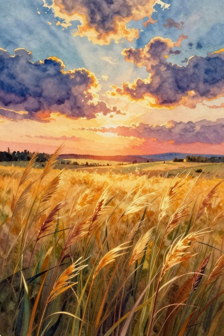 Golden wheat field at sunset beneath dramatic purple, orange, and blue clouds.