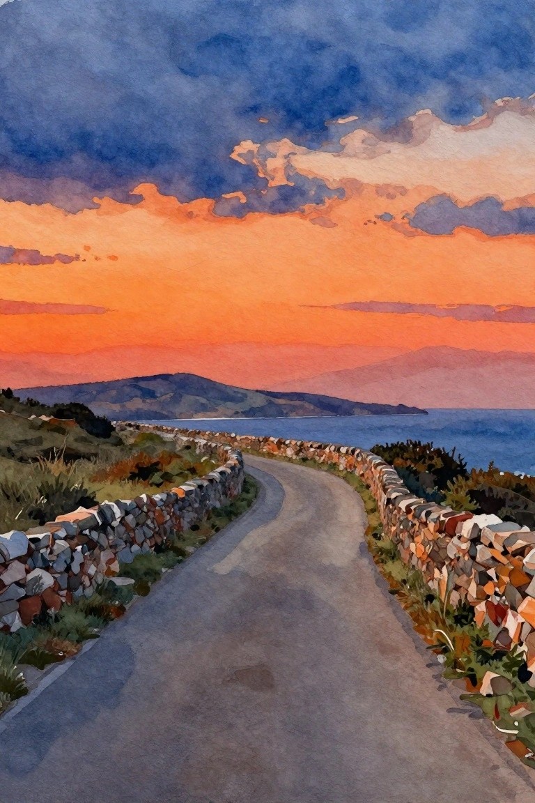 Watercolor of curving coastal road with stone walls at vivid orange sunset.