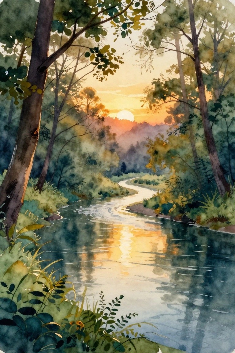 Watercolor forest scene with winding river reflecting orange sunset between trees