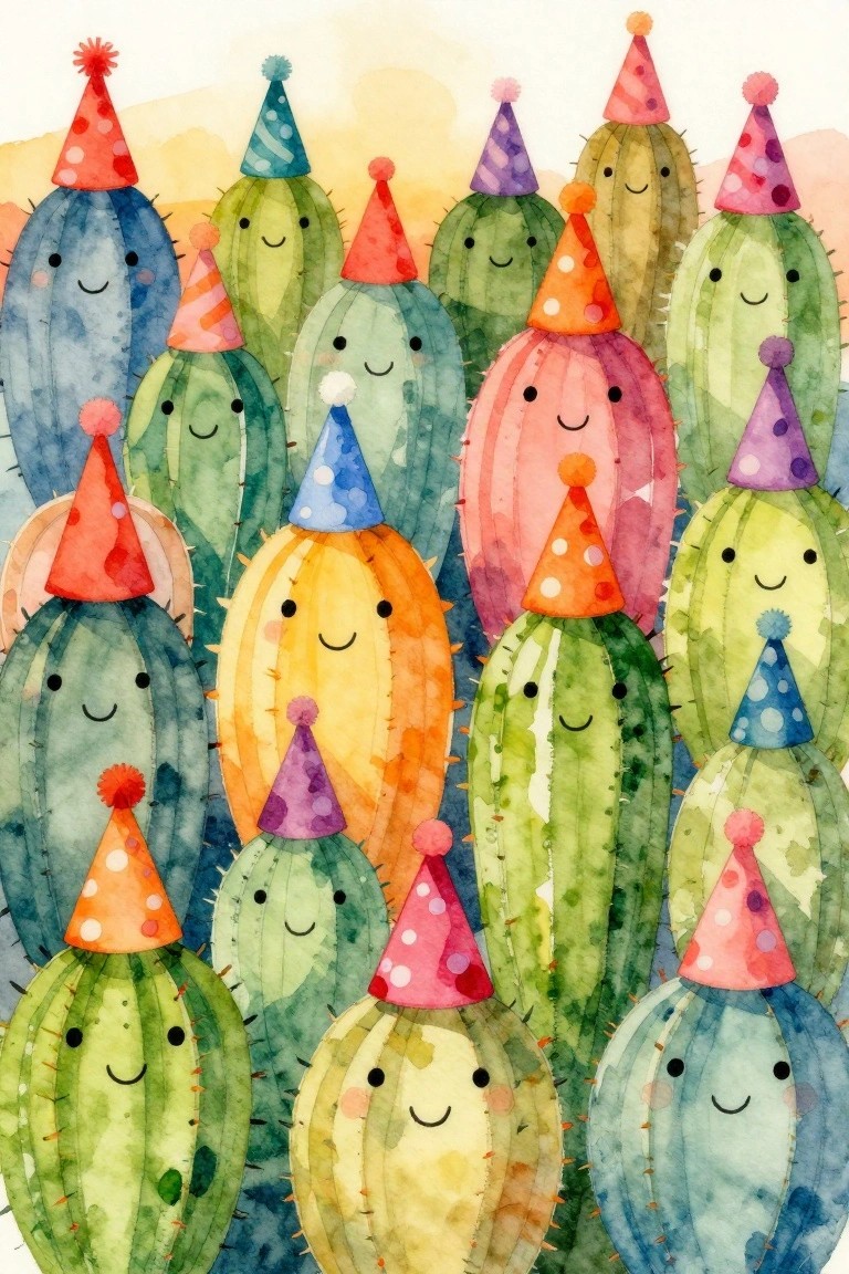 A watercolor-style painting shows many colorful cacti of different sizes and shades, each wearing a distinct party hat with smiling faces.