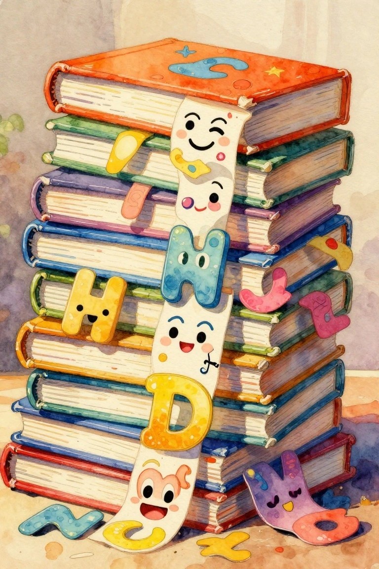Playful alphabet letters with faces climbing a tall stack of colorful books.