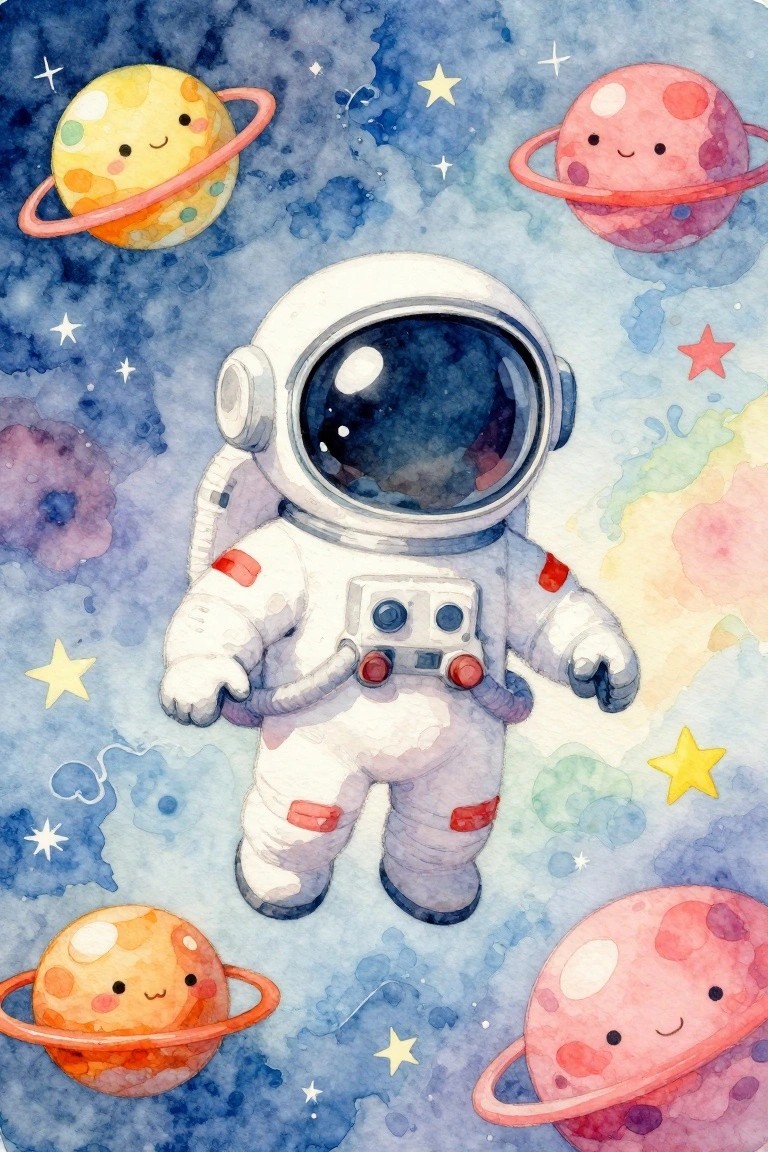 A watercolor-style illustration of a cartoon astronaut floating in space surrounded by four smiling planets with rings and scattered stars.