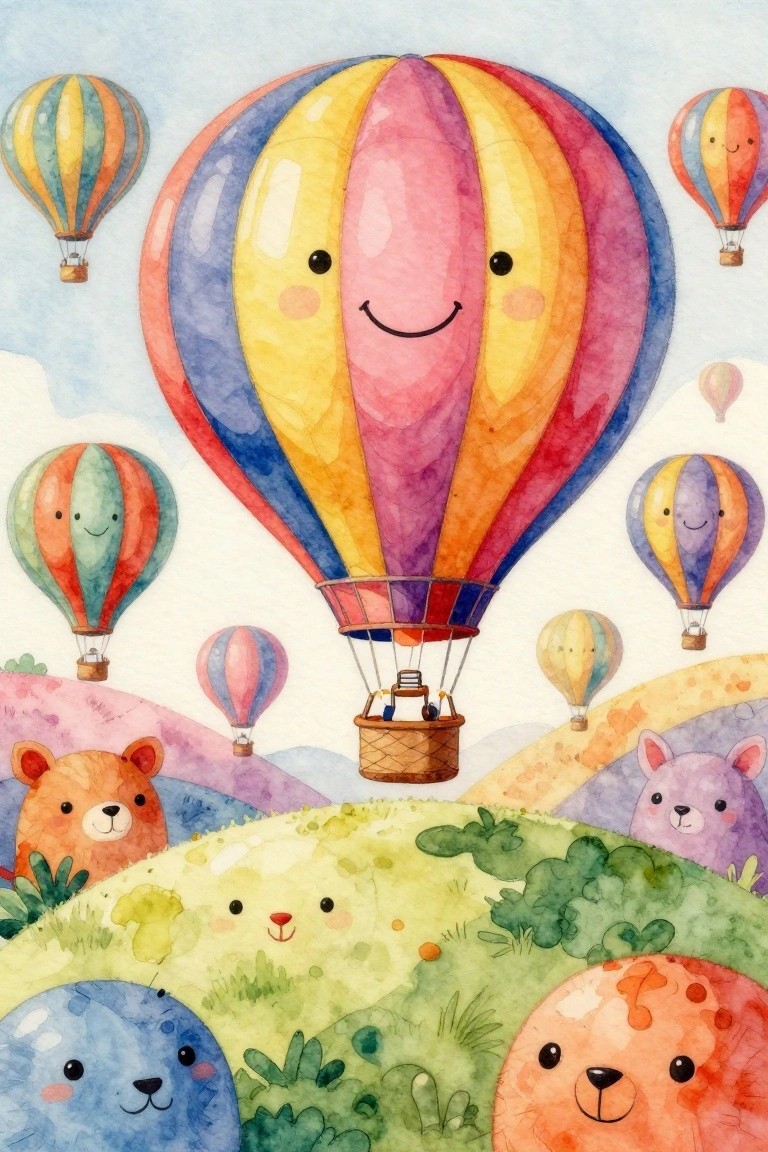 Colorful smiling hot air balloons float above cute animal faces on green hills
