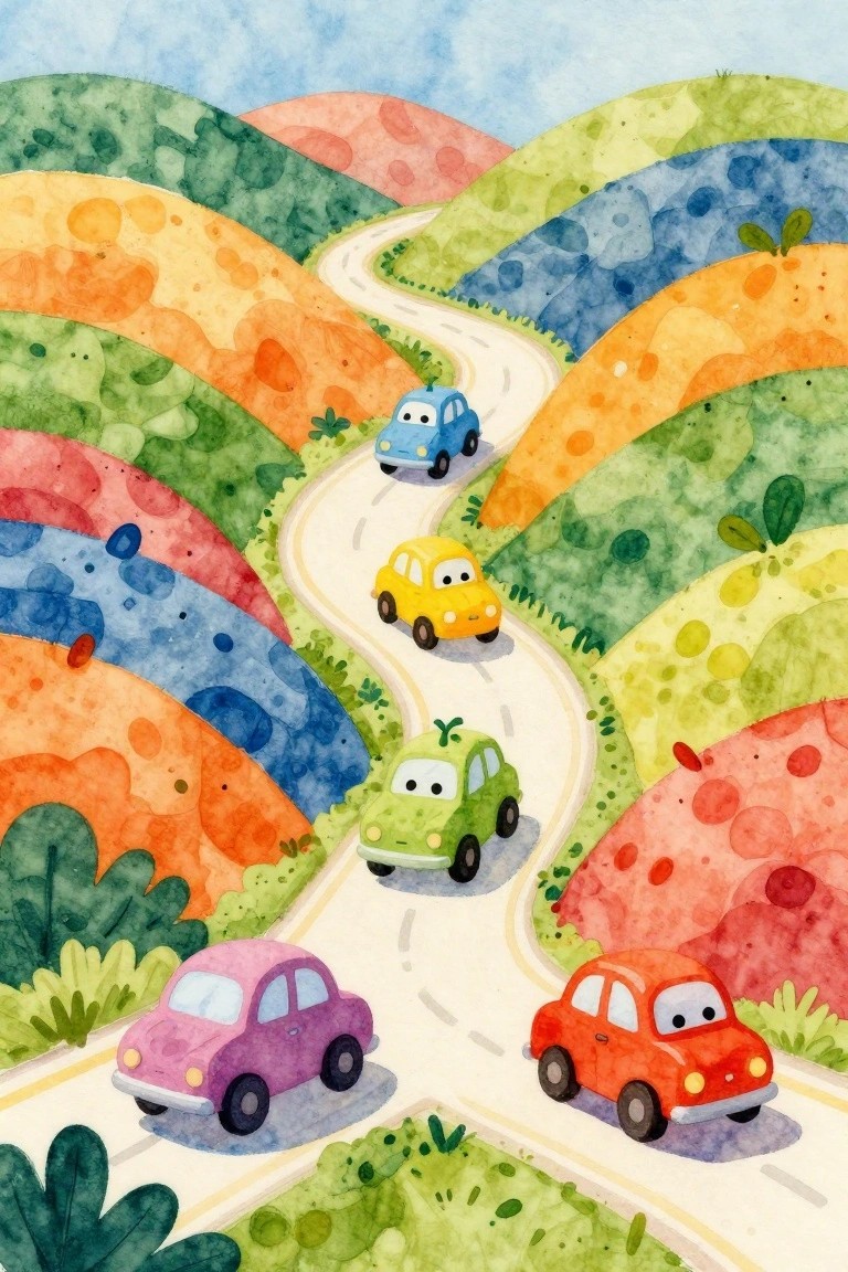 Colorful cartoon cars winding along a vibrant watercolor hilly road
