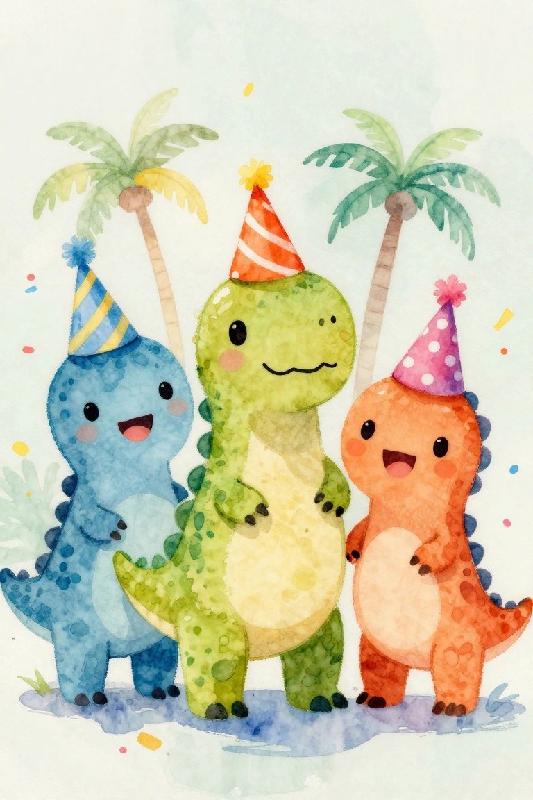 Three cartoon dinosaurs in party hats stand together in front of two palm trees on a light background.