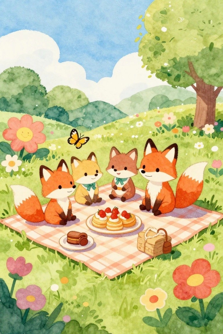 Four foxes picnic on checkered blanket with pastries in flower-filled meadow.