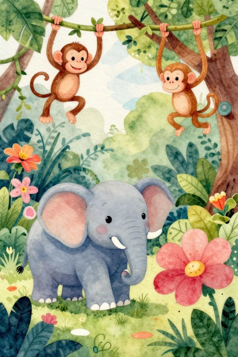 Two monkeys swing from vines above a baby elephant amid jungle flowers and leaves.