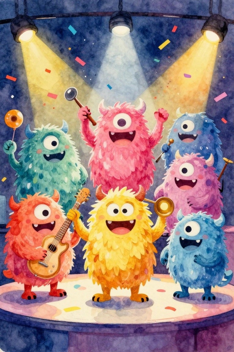 Colorful furry monsters playing instruments on a confetti-filled stage under spotlights
