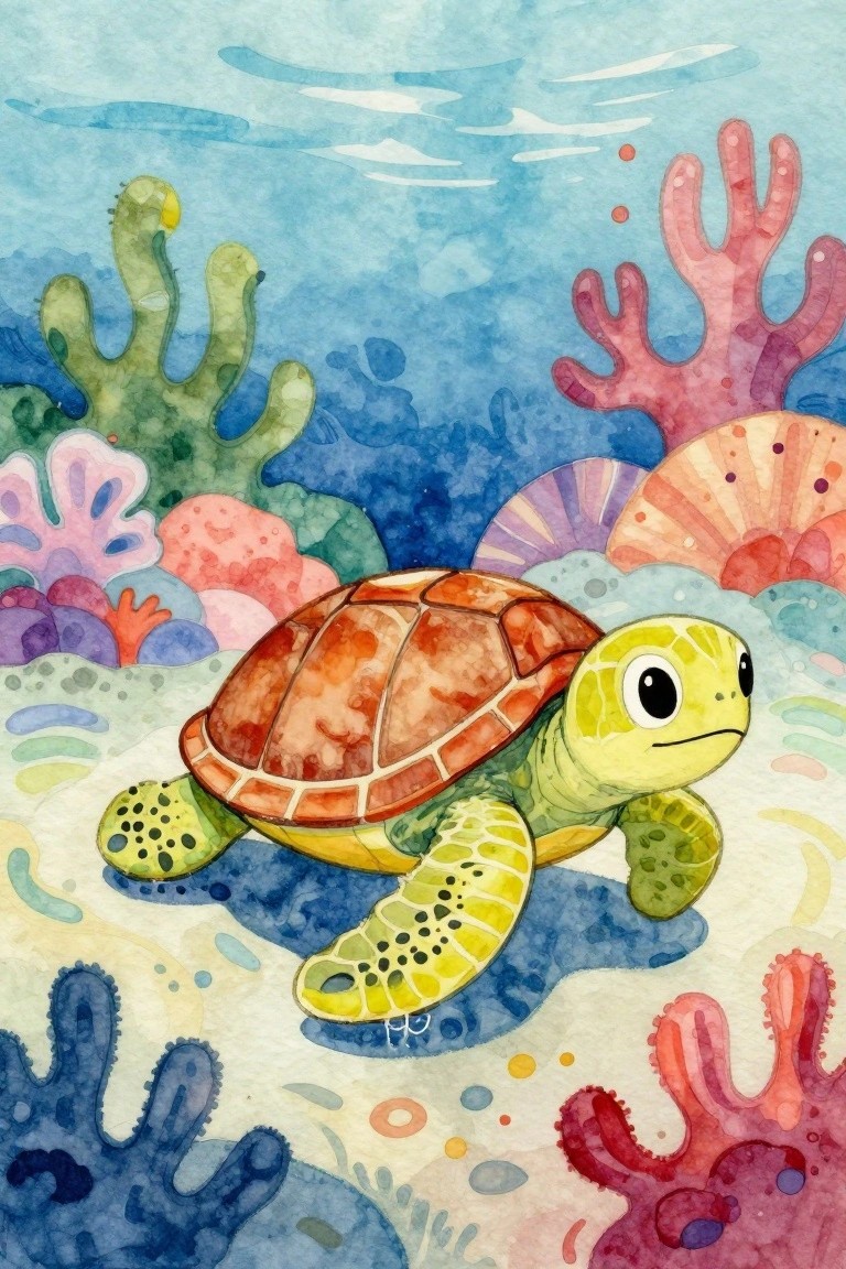 Watercolor sea turtle with brown shell swimming amid vibrant colorful coral reefs