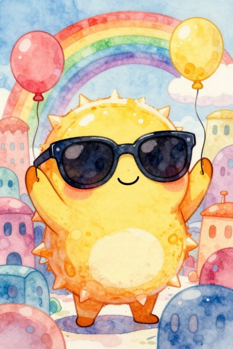 A yellow spiky cartoon character in sunglasses holds red and yellow balloons in front of a rainbow and colorful buildings.