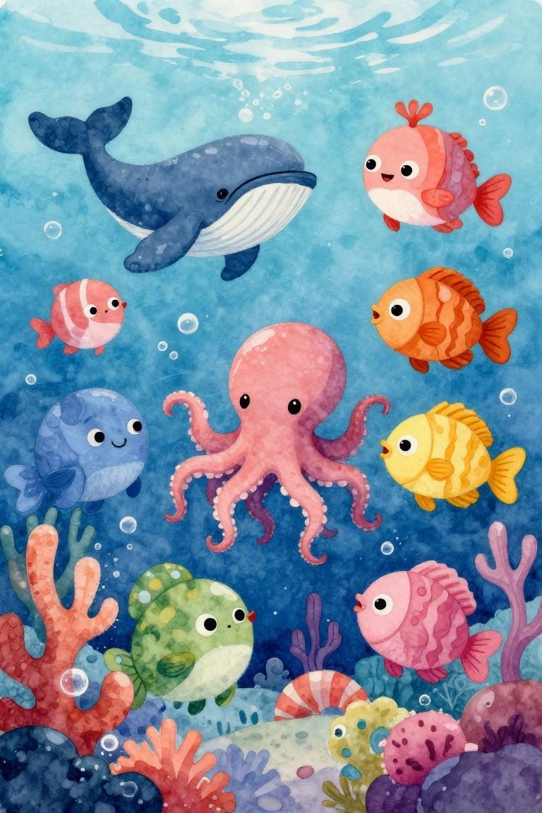 Whale, pink octopus, and colorful fish in bubbly blue watercolor ocean scene