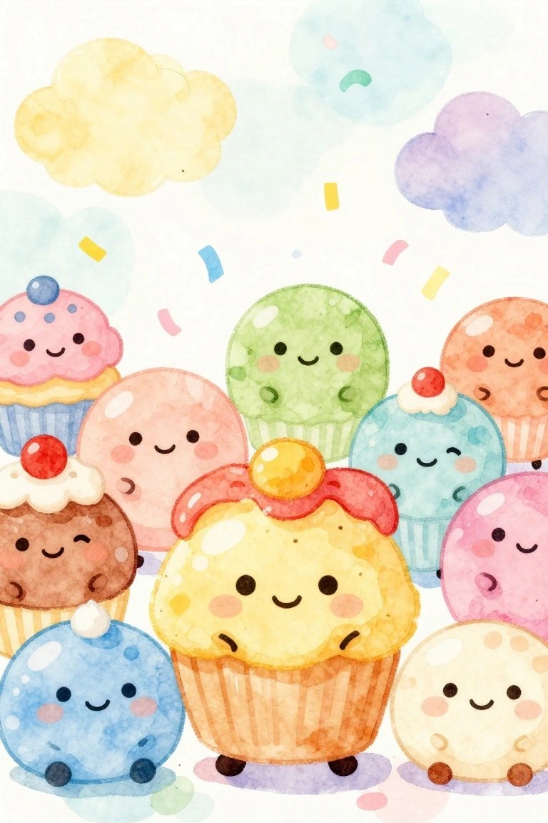 Cute watercolor cupcakes and mochi with smiling faces amid pastel clouds and confetti