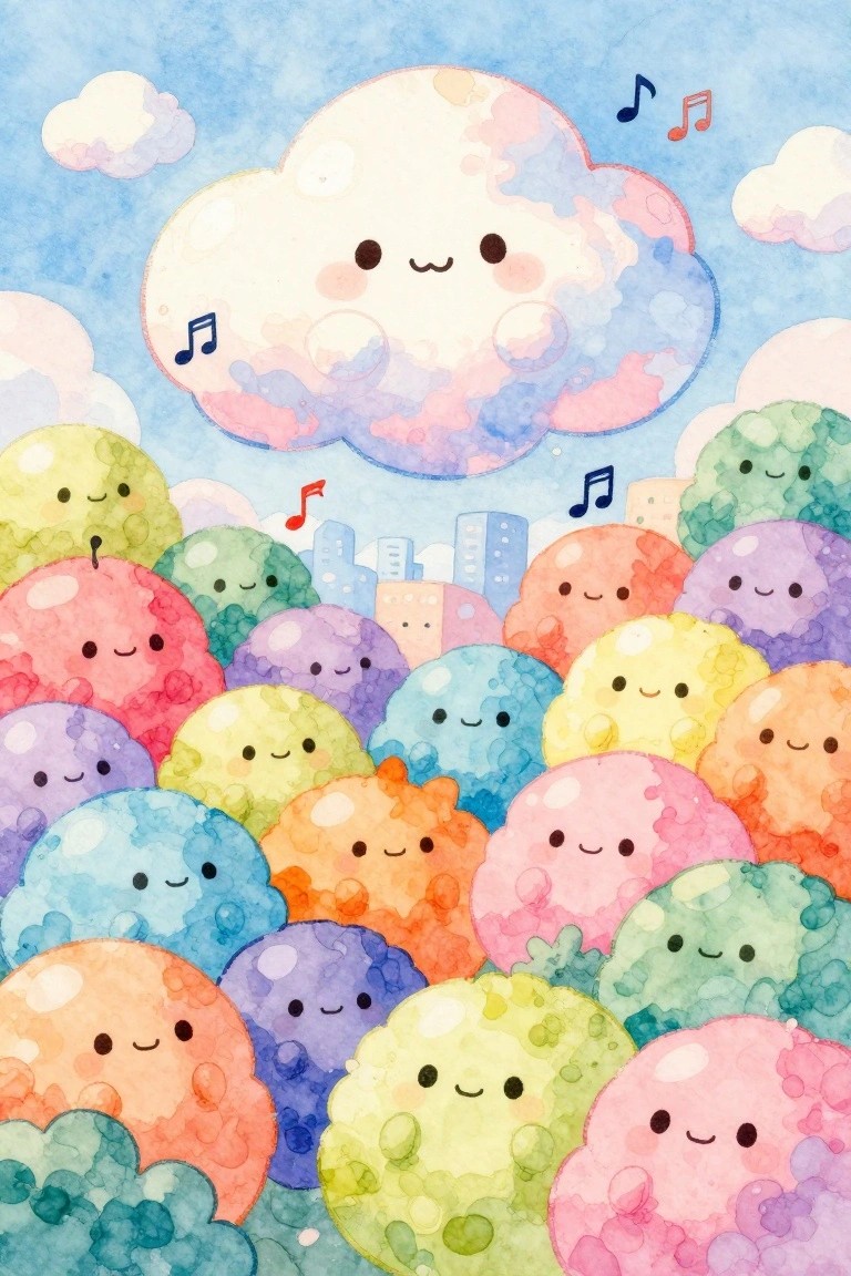 Watercolor crowd of cute colorful smiling blobs under a musical cloud and city skyline