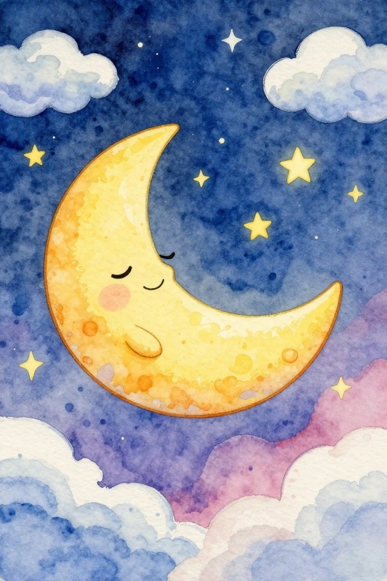 A watercolor painting of a yellow crescent moon with a sleeping face surrounded by stars and clouds in a blue and purple night sky.