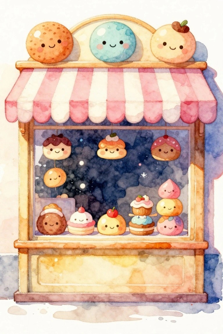 A watercolor-style painting of a wooden market stall with a pink striped awning, displaying cartoon pastries and sweets with smiling faces against a starry night background.