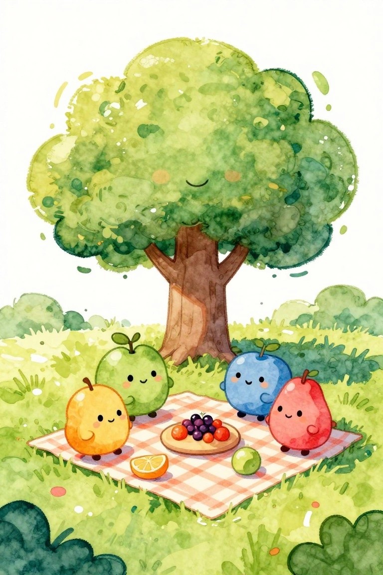 Cute fruit characters picnicking on a checkered blanket under a smiling tree in watercolor