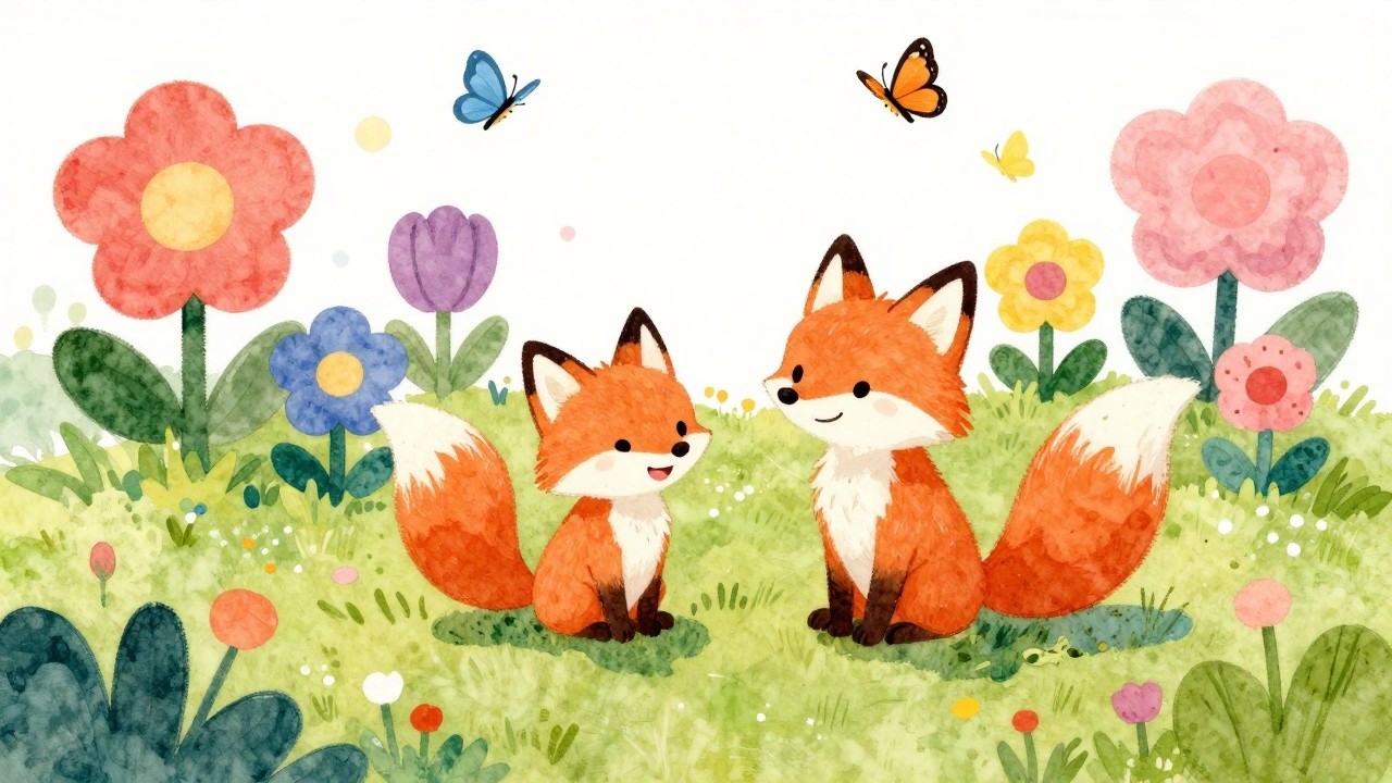 Four foxes picnic on checkered blanket with pastries in flower-filled meadow.